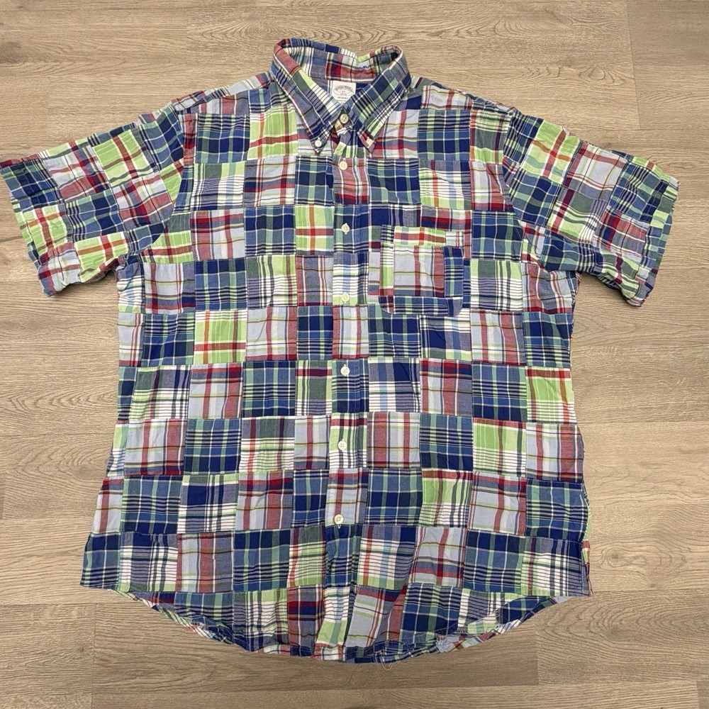 Brooks Brothers Vintage Madras Patchwork Shirt Mens XL Button Down Short Sleeve - Picture 2 of 9